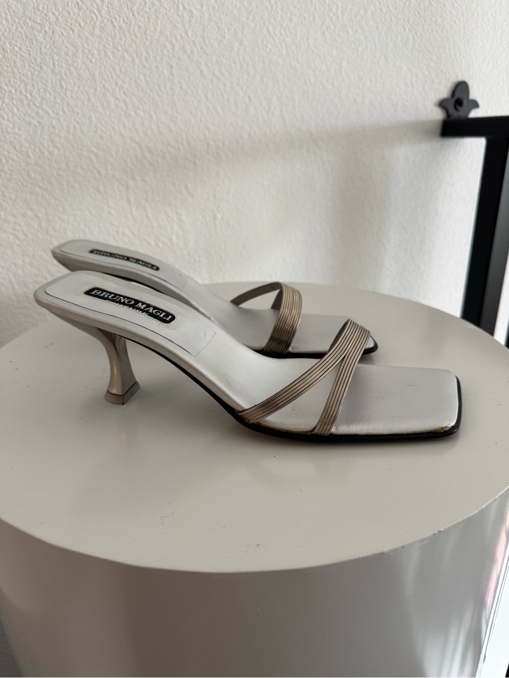 Bruno Magli Metallic Silver-Tone Strappy Square-Toe Slides - Picture 3 of 4